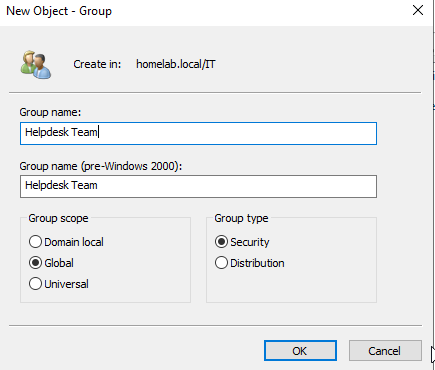 Helpdesk Team security group properties