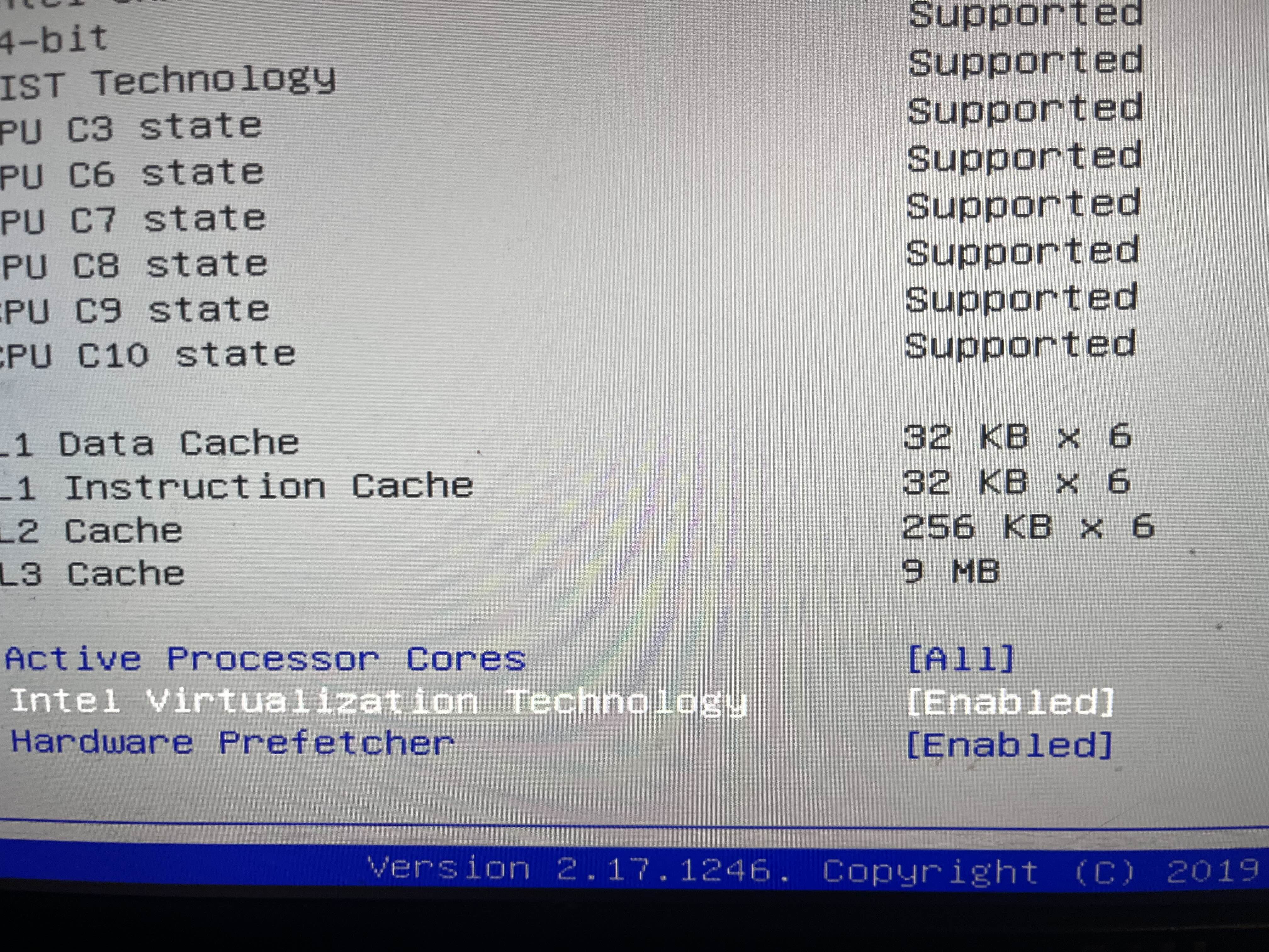 BIOS settings with Intel virtualization enabled