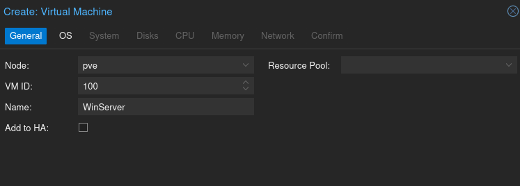 Proxmox create VM dialog