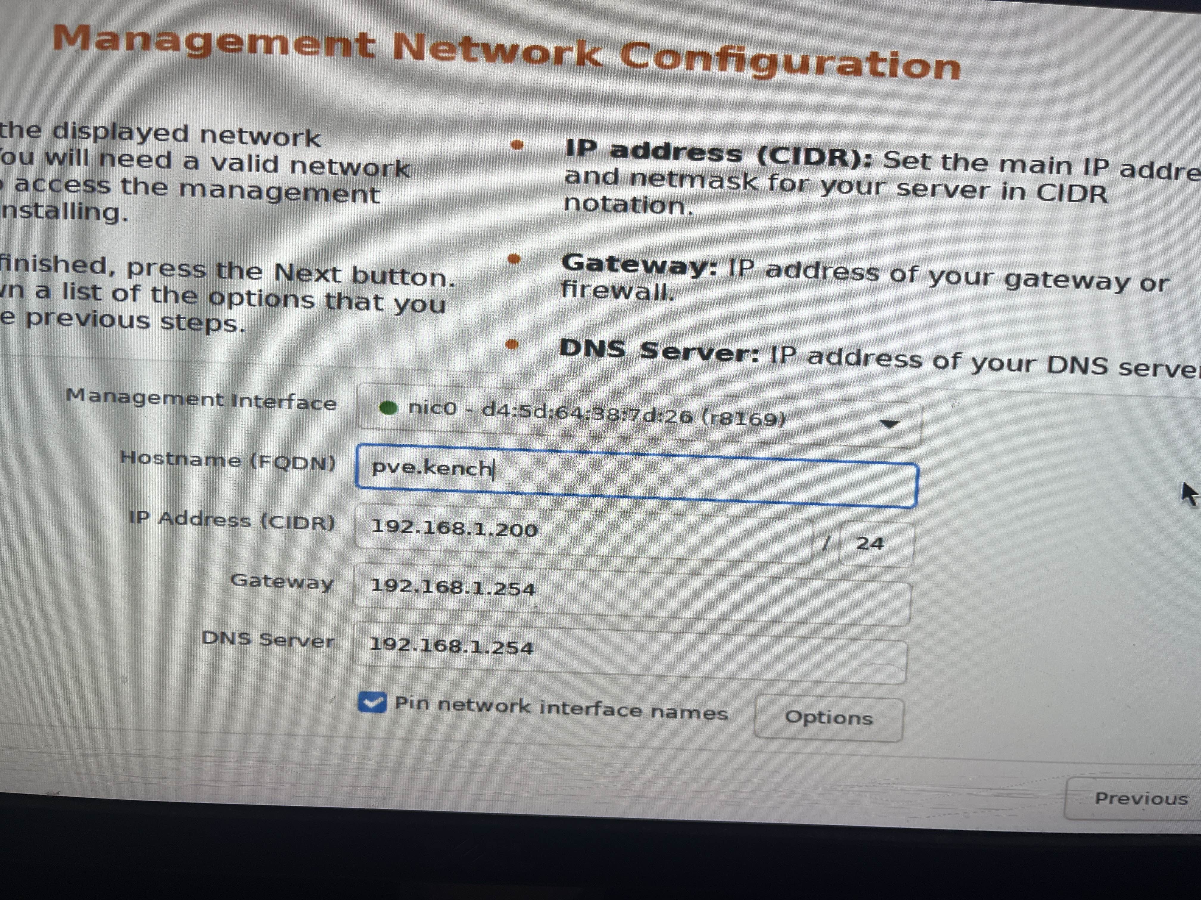 Proxmox installer network configuration screen