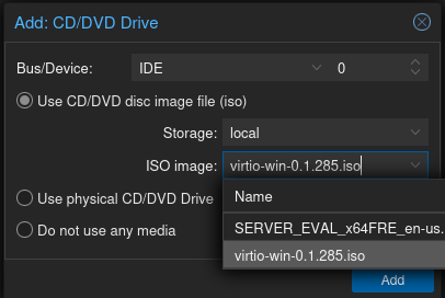 VirtIO drivers ISO attached as a second CD drive