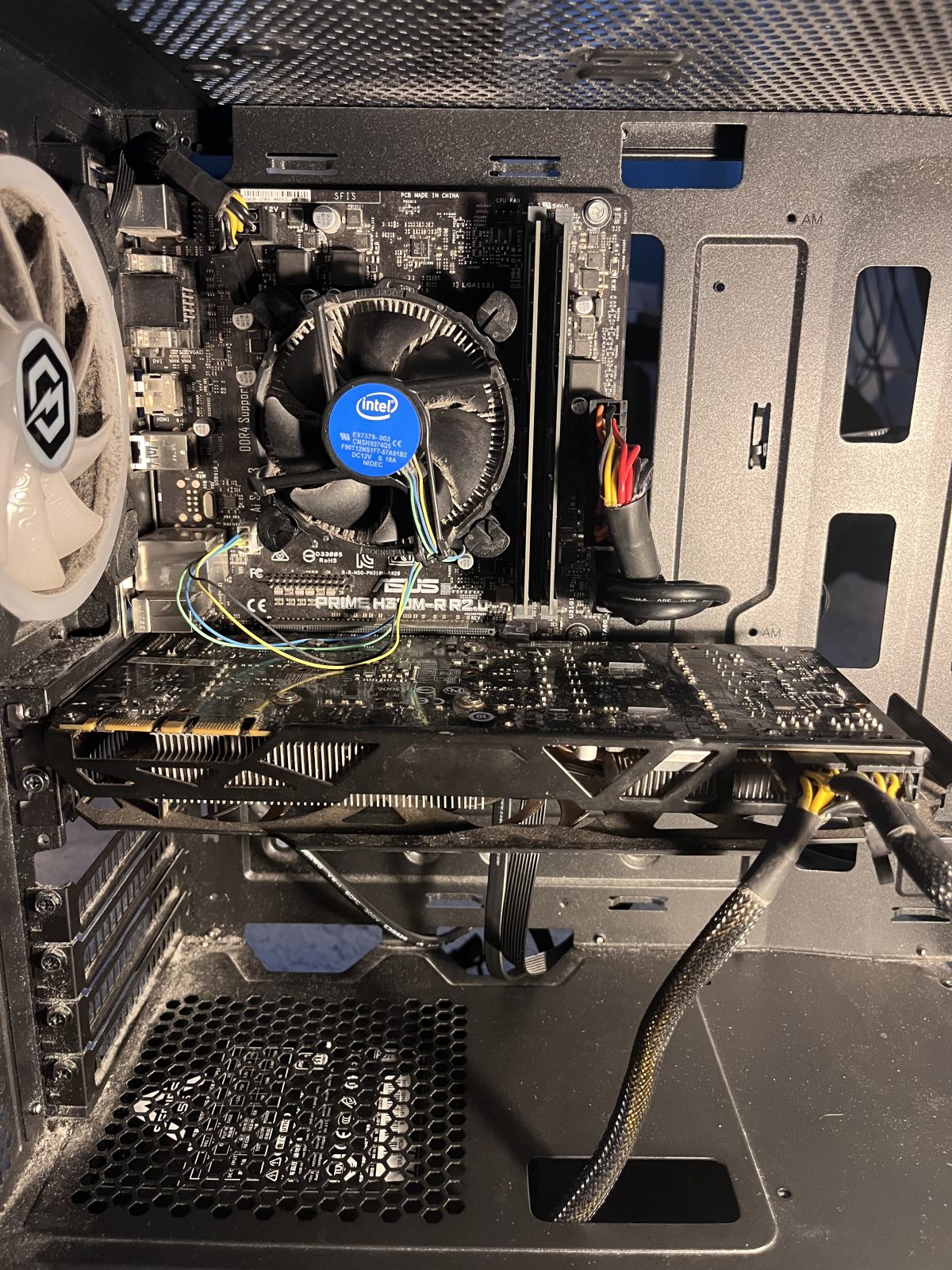 Completed build interior with the motherboard, cooler and GPU installed